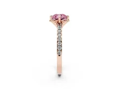 Fancy Pink Cushion Cut Diamond Solitaire Ring Set in Rose gold with Pavé Band and Floral Prong Setting