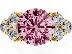 Fancy Pink Round Cut Diamond Solitaire Ring Set in Yellow gold with Cluster Accents on Each Side