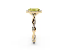 Fancy Yellow Emerald Cut Diamond Halo Twist Band Solitaire Ring Set in Yellow gold with Prong Setting