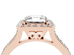 Asscher Cut Diamond Halo Engagement Ring Set in Rose gold with Round Pavé Shoulders and Heart Gallery