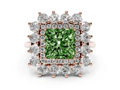 Fancy Green Princess Cut Diamond Floral Double Halo Ring Set in Rose gold with Round Petals