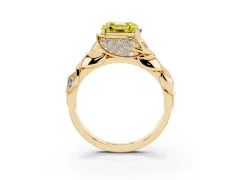 Fancy Yellow Asscher Cut Diamond Leaf-Inspired Engagement Ring Set in Yellow gold with Round Accents