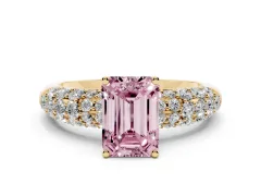 Fancy Pink Emerald Cut Diamond Pavé Band Solitaire Ring Set in Yellow gold with Close-Set Accent Stones and Prong Setting