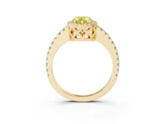 Fancy Yellow Pear Cut Diamond Halo Ring Set in Yellow gold with Pavé Shoulders and Halo-Framed Center