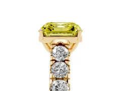 Fancy Yellow Asscher Cut Diamond Solitaire Ring Set in Yellow gold with Cut-Down Micro Pavé Band and Prong Setting