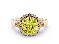 Fancy Yellow Round Cut Diamond Halo Ring Set in Yellow gold with Pavé-Lined Split Shank Band