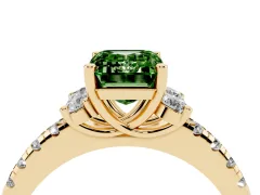 Fancy Green Emerald Cut Diamond Three-Stone Pavé Ring Set in Yellow gold with Prong Setting