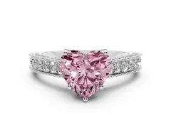 Fancy Pink Heart Cut Diamond Solitaire Ring Set in White gold with Milgrain-Edged Pavé Band and Prong Setting