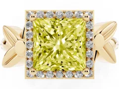 Fancy Yellow Princess Cut Diamond Halo Floral Band Ring Set in Yellow gold with Prong Setting