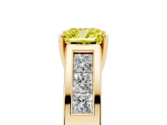 Fancy Yellow Cushion Cut Diamond Solitaire Ring Set in Yellow gold with Channel-Set Accent Stones and Prong Setting