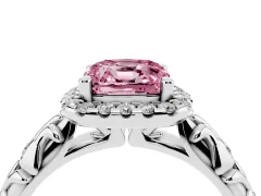 Fancy Pink Cushion Cut Diamond Halo Ring Set in Silver with Filigree Leaf Band and Prong Setting