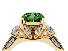Fancy Green Cushion Cut Diamond Three-Stone Ring Set in Yellow gold with Pavé Band and Smaller Side Stones