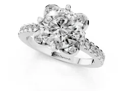 Round Cut Diamond Solitaire Ring Set in Silver with Pavé Band and Floral Prong Setting