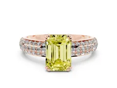 Fancy Yellow Emerald Cut Diamond Solitaire Ring Set in Rose gold with Multi-Row Round Pavé Band and Prong Setting
