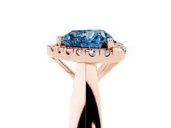 Fancy Blue Heart Cut Diamond Halo Solitaire Engagement Ring Set in Rose gold with Square Band and Prong Setting