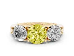 Fancy Yellow Round Cut Diamond Three-Stone Ring Set in Yellow gold with Prong Setting and Plain Band