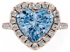 Fancy Blue Heart Cut Diamond Pavé Halo Engagement Ring Set in Rose gold with Pavé Band and Prong Setting