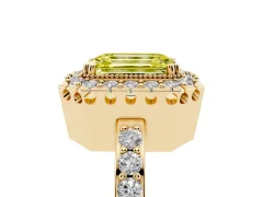 Fancy Yellow Emerald Cut Diamond Halo Ring Set in Yellow gold with Pavé Shank and Prong Setting