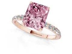 Fancy Pink Radiant Cut Diamond Solitaire Engagement Ring Set in Rose gold with Round Pavé Band and Prong Setting