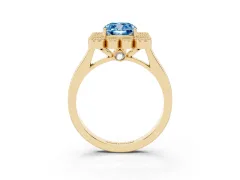 Fancy Blue Cushion Cut Diamond Cluster Halo Ring Set in Yellow gold with Milgrain Bezel Accents and Plain Band