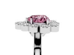 Fancy Pink Heart Cut Diamond Cluster Halo Ring Set in White gold with Milgrain Bezel Accents and Plain Band