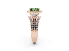 Fancy Green Oval Cut Diamond Halo Split Shank Ring Set in Rose gold with Round Accent Stones and Prong Setting