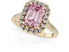 Fancy Pink Emerald Cut Diamond Cushion Halo Ring Set in Yellow gold with Pavé Band