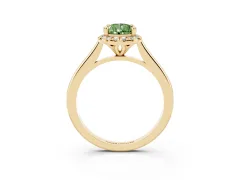 Fancy Green Pear Cut Diamond Halo Engagement Ring Set in Yellow gold with Pavé Band and Rising Shoulders