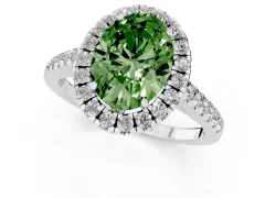 Fancy Green Oval Cut Diamond Pavé Halo Engagement Ring Set in Platinum with Pavé Band and Prong Setting