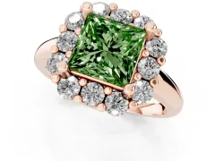 Fancy Green Princess Cut Diamond Halo Cluster Engagement Ring Set in Rose gold with Polished Band and Prong Setting