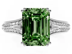 Fancy Green Emerald Cut Diamond Split Shank Pavé Engagement Ring Set in Platinum with Prong-Set Center Stone