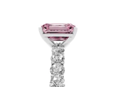 Fancy Pink Emerald Cut Diamond Solitaire Ring Set in White gold with Shared Prong Pavé Band