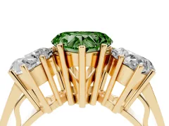 Fancy Green Heart Cut Diamond Three-Stone Ring Set in Yellow gold with Textured Band