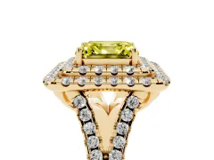 Fancy Yellow Asscher Cut Diamond Double Halo Ring Set in Yellow gold with Pavé Split Shank and Prong Setting