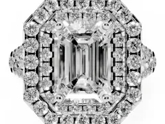 Emerald Cut Diamond Double Halo Ring Set in White gold with Pavé Split Shank and Prong Setting