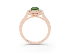 Fancy Green Emerald Cut Diamond Halo Ring Set in Rose gold with Pavé-Lined Shoulders and Prong Setting