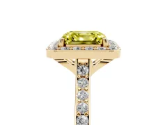 Fancy Yellow Asscher Cut Diamond Halo Engagement Ring Set in Yellow gold with Round Pavé Shoulders and Heart Gallery
