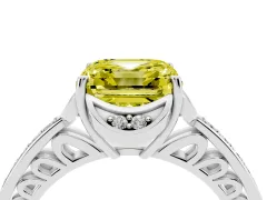 Fancy Yellow Asscher Cut Diamond Halo Ring Set in Platinum with Channel Set Band and Prong Setting