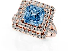 Fancy Blue Asscher Cut Diamond Double Halo Ring Set in Rose gold with Pavé Split Shank and Prong Setting