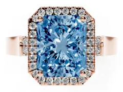 Fancy Blue Radiant Cut Diamond Halo Ring Set in Rose gold with Pavé-Lined Split Shank Band