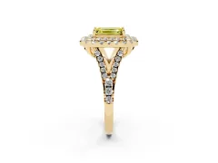 Fancy Yellow Emerald Cut Diamond Double Halo Ring Set in Yellow gold with Pavé Split Shank and Prong Setting