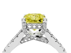Fancy Yellow Radiant Cut Diamond Solitaire Ring Set in White gold with Brilliant Pavé Band and Prong Setting