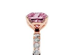 Fancy Pink Cushion Cut Diamond Solitaire Engagement Ring Set in Rose gold with Round Pavé Band and Prong Setting