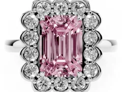 Fancy Pink Emerald Cut Diamond Halo Cluster Engagement Ring Set in White gold with Solitaire Band and Prong Setting