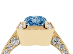 Fancy Blue Radiant Cut Diamond Halo Engagement Ring Set in Yellow gold with Accent Split Shank Band