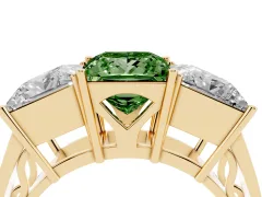 Fancy Green Princess Cut Diamond Three-Stone Ring Set in Yellow gold with Textured Band