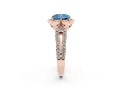 Fancy Blue Radiant Cut Diamond Floral Halo Split Shank Engagement Ring Set in Rose gold with Pavé Shank