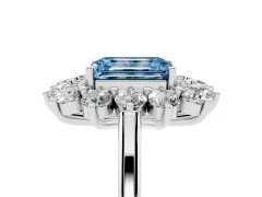 Fancy Blue Emerald Cut Diamond Floral Double Halo Ring Set in Silver with Round Petals