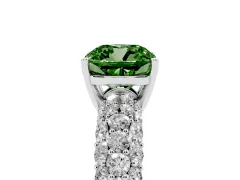 Fancy Green Cushion Cut Diamond Pavé Band Solitaire Ring Set in White gold with Close-Set Accent Stones and Prong Setting