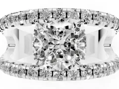 Cushion Cut Diamond Split Shank Pavé Solitaire Ring Set in Silver with Open Shank Design